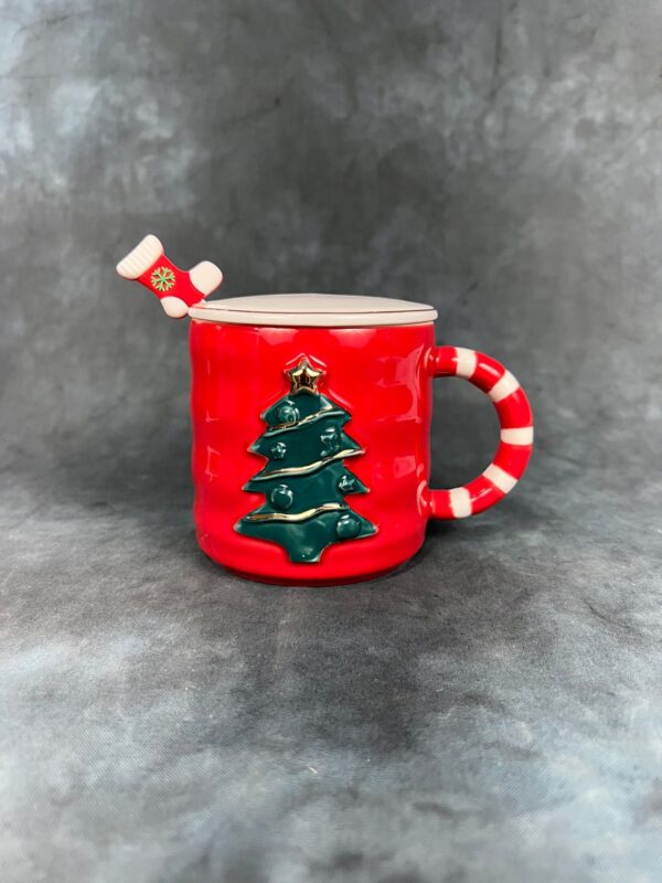 Christmas Holiday Tree Mug with Spoon and Lid - Red - Image 9