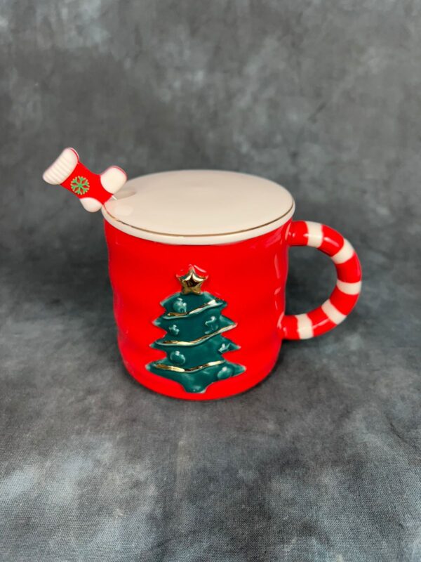 Christmas Holiday Tree Mug with Spoon and Lid - Red - Image 7