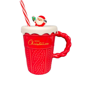 Christmas Holiday Mug with Santa Lid and Straw - Red