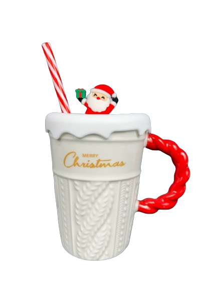 Christmas Holiday Mug with Santa Lid and Straw - White - Image 4