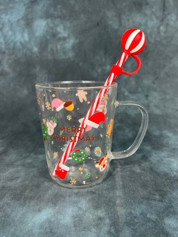 X- Mas Themed Glass Mug with Lid and Straw – Santa Hat - Image 2