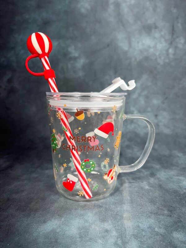X- Mas Themed Glass Mug with Lid and Straw – Santa Hat