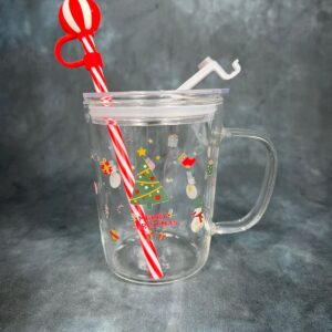 X-Mas Themed Glass Mug with Lid and Straw – Christmas Tree