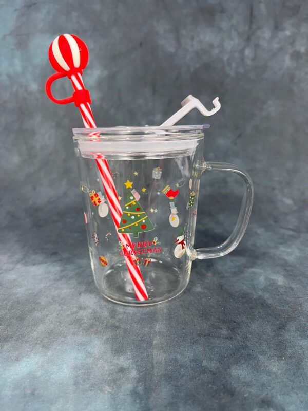 X-Mas Themed Glass Mug with Lid and Straw – Christmas Tree - Image 2