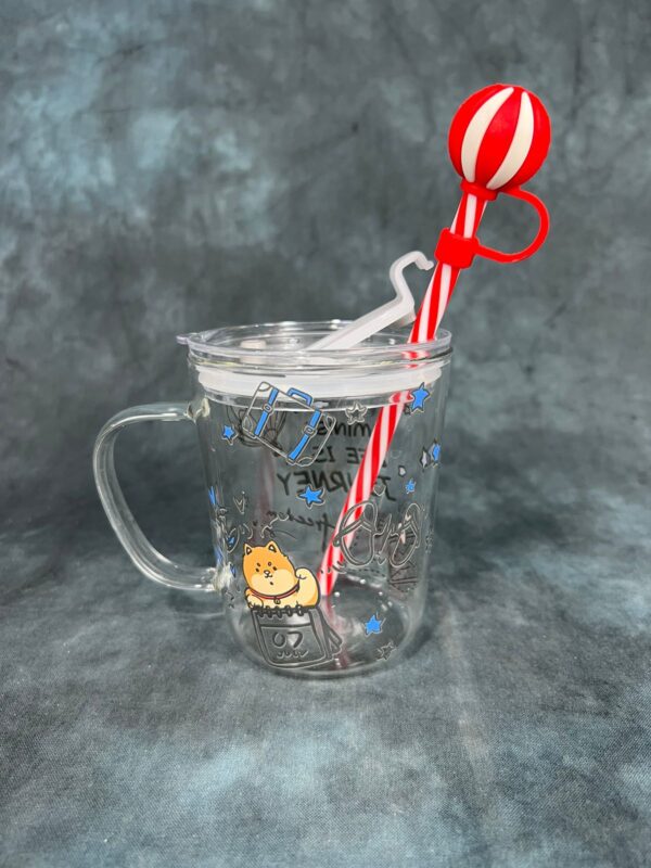 X- Mas Themed Glass Mug with Lid and Straw – Blue Miniso