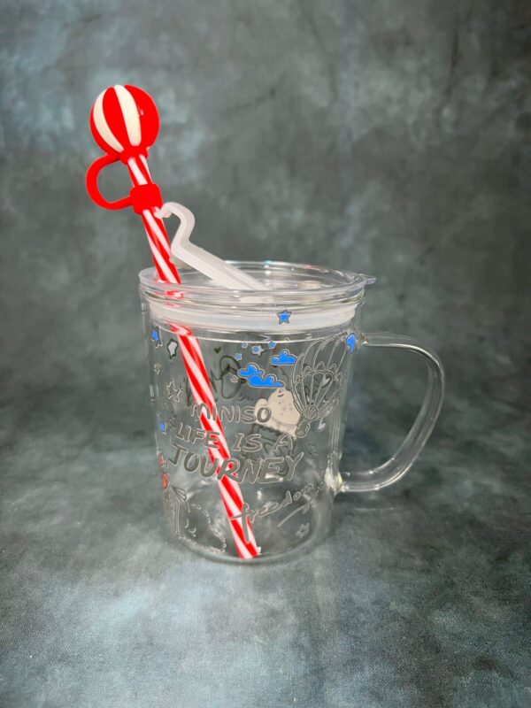 X- Mas Themed Glass Mug with Lid and Straw – Blue Miniso - Image 3