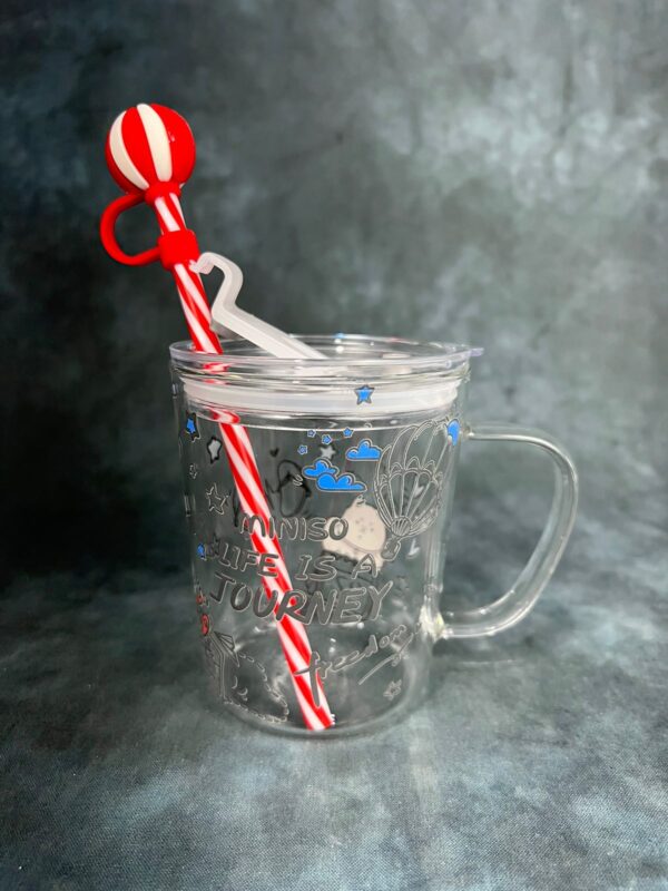 X- Mas Themed Glass Mug with Lid and Straw – Blue Miniso - Image 2