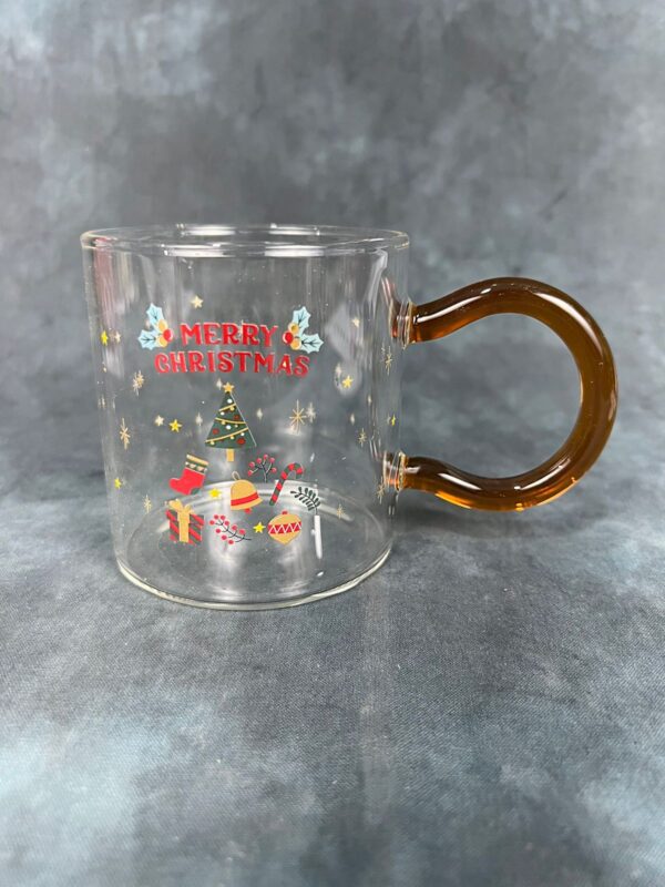 Christmas Themed Glass Mug with Lid and Spoon - Brown Handle - Image 6