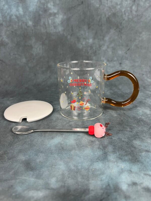 Christmas Themed Glass Mug with Lid and Spoon - Brown Handle - Image 3