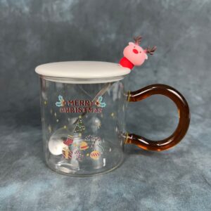Christmas Themed Glass Mug with Lid and Spoon - Brown Handle