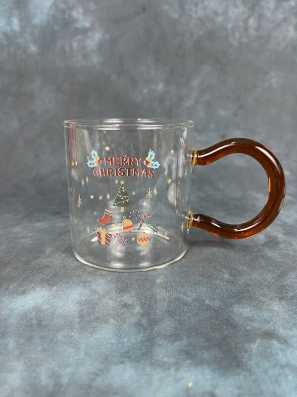 Christmas Themed Glass Mug with Lid and Spoon - Brown Handle - Image 7