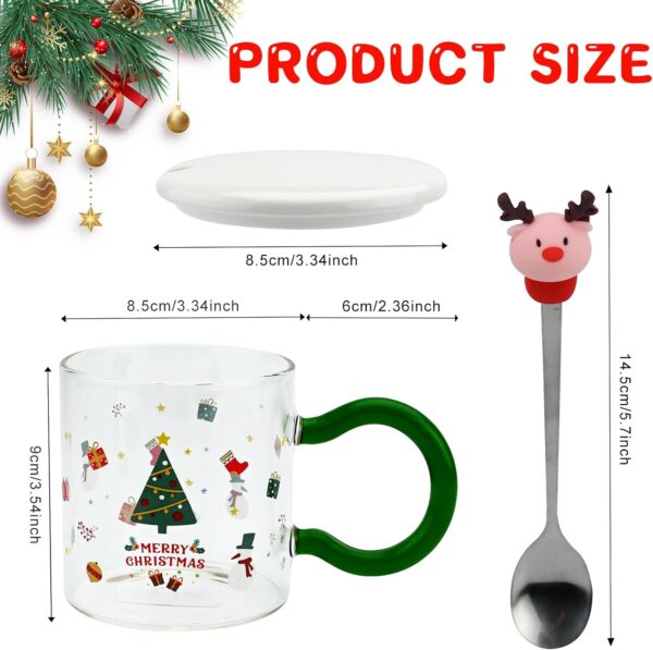 Christmas Themed Glass Mug with Lid and Spoon - Green Handle - Image 3