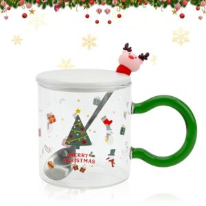 Christmas Themed Glass Mug with Lid and Spoon - Green Handle