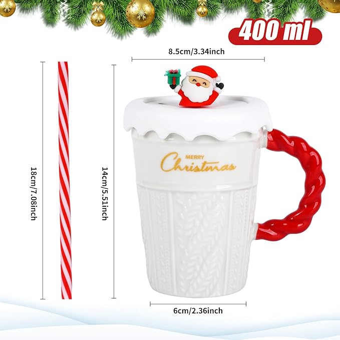 Christmas Holiday Mug with Santa Lid and Straw - White - Image 3