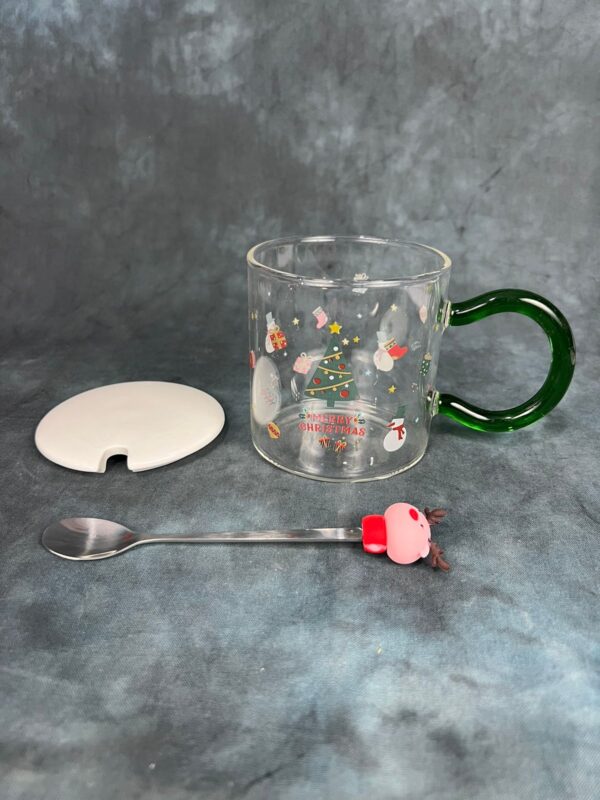 Christmas Themed Glass Mug with Lid and Spoon - Green Handle - Image 5