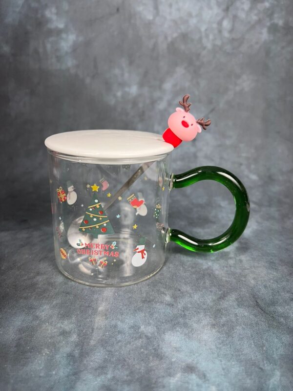 Christmas Themed Glass Mug with Lid and Spoon - Green Handle - Image 2