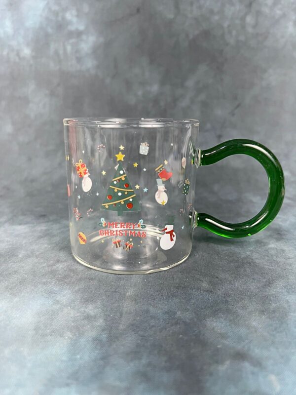 Christmas Themed Glass Mug with Lid and Spoon - Green Handle - Image 4