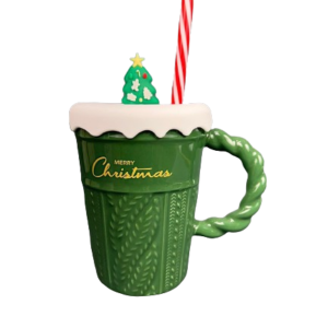 Christmas Holiday Mug with Tree Lid and Straw – Green