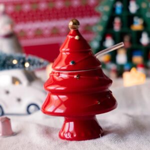 Christmas Holiday Tree Shaped Mug with Lid and Straw – Red