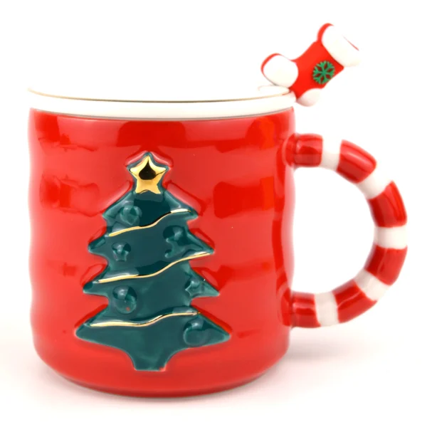 Christmas Holiday Tree Mug with Spoon and Lid - Red - Image 6