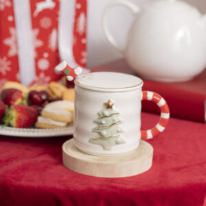 Christmas Holiday Tree Mug with Spoon and Lid – White