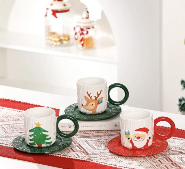 Christmas Holiday Mugs Set With Saucer - Set of 4 (4 Mugs) - Image 2