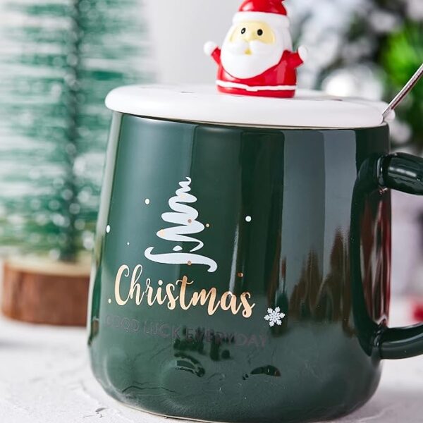 Christmas Green Tree Mug with Spoon and Santa Lid - Image 2